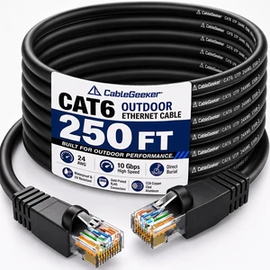 CableGeeker Cat 6 Outdoor Ethernet Cable, 250 ft, Direct Burial, Black CableGeeker Cat 6 Outdoor Ethernet Cable, 250 ft, Direct Burial, Black