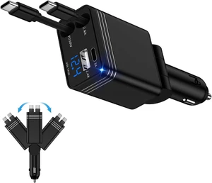 Retractable Car Charger 4 in 1 Fast Charging Car Charger with USB-C & USB-A Retractable Car Charger 4 in 1 Fast Charging Car Charger with USB-C & USB-A