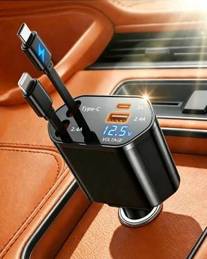 4 in 1 Retractable Car Charger USB C Fast Charging Adapter Black 4 in 1 Retractable Car Charger USB C Fast Charging Adapter Black