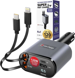 Ulti Charge iPhone Car Charger USB C Fast Charge Retractable 120W 4-Port Ulti Charge iPhone Car Charger USB C Fast Charge Retractable 120W 4-Port