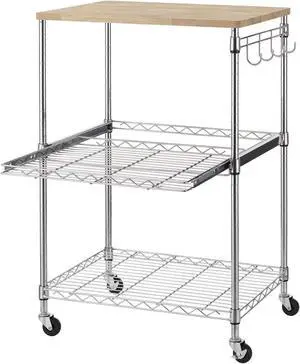 Finnhomy 3-Tier Rolling Kitchen Cart, Microwave Cart with Oak Wood Tabletop and Drawer Slider, Coffee Cart & Food Service Cart with Hooks, Chrome Finnhomy 3-Tier Rolling Kitchen Cart, Microwave Cart with Oak Wood Tabletop and Drawer Slider, Coffee Cart & Food Service Cart with Hooks, Chrome