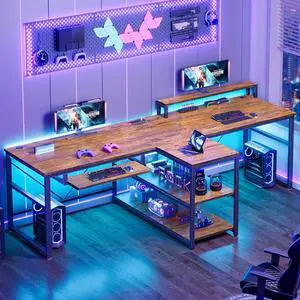 SEDETA 94.5" 2 Person Gaming Desk with Storage Shelf,LED Light,Rustic Brown | Double T Shaped Office Desk with Keyboard Tray, Power Strip with USB & Monitor Stand for Home Office, Bedroom SEDETA 94.5" 2 Person Gaming Desk with Storage Shelf,LED Light,Rustic Brown | Double T Shaped Office Desk with Keyboard Tray, Power Strip with USB & Monitor Stand for Home Office, Bedroom