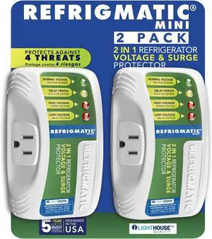 Refrigmatic 2 in 1 Voltage & Surge Protector for Refrigerators (2 Pack) | Protects refrigerators Up to 27 cu. ft. against high and low voltage, brownouts and spikes. Includes safety delay time Refrigmatic 2 in 1 Voltage & Surge Protector for Refrigerators (2 Pack) | Protects refrigerators Up to 27 cu. ft. against high and low voltage, brownouts and spikes. Includes safety delay time