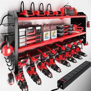 Power Tool Organizer with Charging Station, Built in 8 Outlet Power Strip, Large 8 Drill Holder Wall Mount, Heavy Duty Metal Power Tool Storage Rack Tool Shelf for Garage Organization Red Power Tool Organizer with Charging Station, Built in 8 Outlet Power Strip, Large 8 Drill Holder Wall Mount, Heavy Duty Metal Power Tool Storage Rack Tool Shelf for Garage Organization Red
