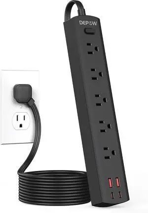 DEPOW Flat Plug Power Strip, 5 Outlets 4 USB for HomeOffice DormDesk, 5 Ft | Black,1700J Surge Protection, Ultra-thin Flat Extension Cord, 2 USB-C + 2 USB-A, Mountable.Widely Spaced Outlets, 1625W/13A DEPOW Flat Plug Power Strip, 5 Outlets 4 USB for HomeOffice DormDesk, 5 Ft | Black,1700J Surge Protection, Ultra-thin Flat Extension Cord, 2 USB-C + 2 USB-A, Mountable.Widely Spaced Outlets, 1625W/13A