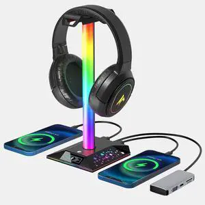 Gaming Headset Stand, RGB Headphone Holder with 2 USB Ports for Desk | RGB lighting effects, 2 USB charging ports, sturdy non-slip base. Perfect for gaming desk, office, gift for gamers. Gaming Headset Stand, RGB Headphone Holder with 2 USB Ports for Desk | RGB lighting effects, 2 USB charging ports, sturdy non-slip base. Perfect for gaming desk, office, gift for gamers.