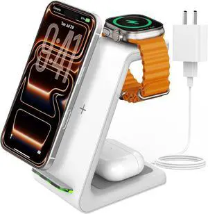 Charging Station for iPhone and Apple Watch: 3 in 1 Wireless Phone Charger Stand for iPhone 17 16 15 14 13 12 11 Pro Max & AirPods, Bedside Nightstand Docking Charging Station for iPhone and Apple Watch: 3 in 1 Wireless Phone Charger Stand for iPhone 17 16 15 14 13 12 11 Pro Max & AirPods, Bedside Nightstand Docking