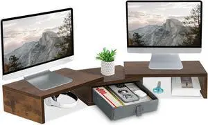 TEAMIX 3 Shelf Monitor Stand Riser With Drawer - Length and Angle Adjustable Dual Riser With Storage Corner Desk Shelf Organizer Large Computer Stand for 2 Monitors/Laptop (Brown, 1 Drawer) TEAMIX 3 Shelf Monitor Stand Riser With Drawer - Length and Angle Adjustable Dual Riser With Storage Corner Desk Shelf Organizer Large Computer Stand for 2 Monitors/Laptop (Brown, 1 Drawer)