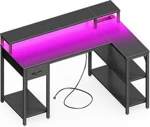 SUPERJARE 47 inch L Shaped Gaming Desk with LED Lights & Power Outlets, Reversible Computer Desk with Shelves & Monitor Stand, Corner Desk with Drawer, for Home & Office, Carbon Fiber Black SUPERJARE 47 inch L Shaped Gaming Desk with LED Lights & Power Outlets, Reversible Computer Desk with Shelves & Monitor Stand, Corner Desk with Drawer, for Home & Office, Carbon Fiber Black