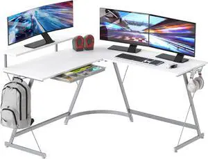 SHW 51 x 51 L-Shaped Corner Desk w/Monitor Stand and Drawer, White | Drawer with adjustable compartments SHW 51 x 51 L-Shaped Corner Desk w/Monitor Stand and Drawer, White | Drawer with adjustable compartments