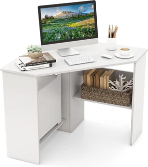 GOFLAME Corner Desk with Storage Shelves, Triangular Computer Desk with Cable Management Holes, Laptop Workstation for Small Space, Makeup Vanity Desk for Living Room, Study, White GOFLAME Corner Desk with Storage Shelves, Triangular Computer Desk with Cable Management Holes, Laptop Workstation for Small Space, Makeup Vanity Desk for Living Room, Study, White
