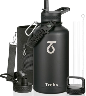 Trebo 64 oz Water Bottle Stainless Steel with 3 Lids, Paracord Handle & Bag Trebo 64 oz Water Bottle Stainless Steel with 3 Lids, Paracord Handle & Bag