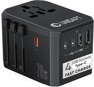 Unidapt 70W Universal Travel Adapter, USB C PD Fast Charging, Black Unidapt 70W Universal Travel Adapter, USB C PD Fast Charging, Black