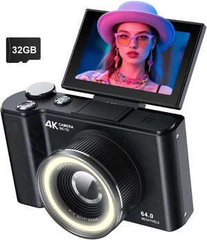 4K CCD Digital Camera w/ Fill Light, 180° Flip Screen Camera with 32GB Card Black 4K CCD Digital Camera w/ Fill Light, 180° Flip Screen Camera with 32GB Card Black