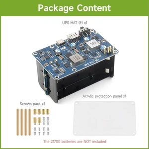 Waveshare UPS HAT (E) for Raspberry Pi, Type-C Bi-Directional Fast Charging, 5V 6A, Supports 4×21700 Li Batteries (NOT Included) Waveshare UPS HAT (E) for Raspberry Pi, Type-C Bi-Directional Fast Charging, 5V 6A, Supports 4×21700 Li Batteries (NOT Included)