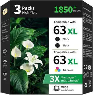 63XL Black Color Ink Cartridge 3 Combo Pack Replacement for HP 63 XL for HP63 HP63XL with Printer Officejet 3830 4520 4650 5255 5200 5222 5121 5258 4655 Deskjet 3632 3630 4652 5252 4510 3631 3634 2132 63XL Black Color Ink Cartridge 3 Combo Pack Replacement for HP 63 XL for HP63 HP63XL with Printer Officejet 3830 4520 4650 5255 5200 5222 5121 5258 4655 Deskjet 3632 3630 4652 5252 4510 3631 3634 2132