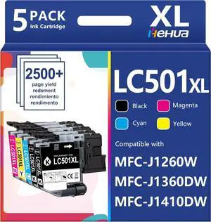 hehua LC501XL LC501 Ink Cartridges (5-Pack,2,000 Pages) Compatible for Brother LC501XL Ink Cartridges LC501 XL for Brother MFC-J1360DW Ink Cartridge Work Smart 1360 MFC-J1410DW MFC-J1260W Printer hehua LC501XL LC501 Ink Cartridges (5-Pack,2,000 Pages) Compatible for Brother LC501XL Ink Cartridges LC501 XL for Brother MFC-J1360DW Ink Cartridge Work Smart 1360 MFC-J1410DW MFC-J1260W Printer