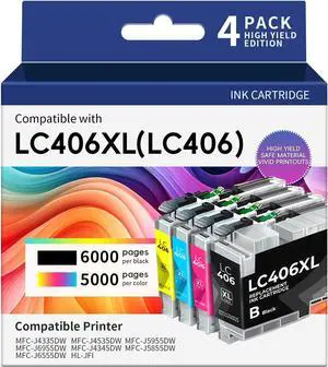 LC406XL High Yield Ink Cartridges Replacement for Brother LC 406XL LC406XL LC406 Compatible with MFC-J4335DW MFC-J5855DW MFC-J6555DW MFC-J4535DW MFC-J6955DW Printer (4 Pack Black Cyan Magenta Yellow) LC406XL High Yield Ink Cartridges Replacement for Brother LC 406XL LC406XL LC406 Compatible with MFC-J4335DW MFC-J5855DW MFC-J6555DW MFC-J4535DW MFC-J6955DW Printer (4 Pack Black Cyan Magenta Yellow)
