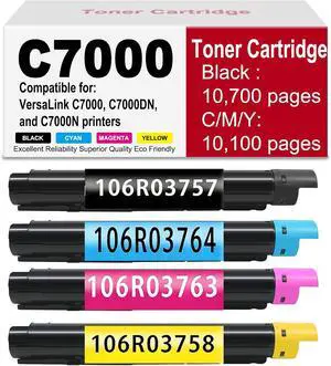 C7000 Toner Cartridge KCMY 4-Pack with Chip for VersaLink C7000 C7000DN C7000N Printer, Black Cyan Magenta Yellow (106R03757 / 106R03764 / 106R03763 / 106R03758), BK-10.7K CMY-10.1K Pages C7000 Toner Cartridge KCMY 4-Pack with Chip for VersaLink C7000 C7000DN C7000N Printer, Black Cyan Magenta Yellow (106R03757 / 106R03764 / 106R03763 / 106R03758), BK-10.7K CMY-10.1K Pages