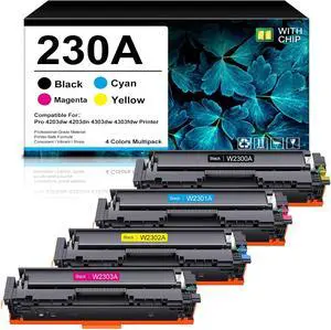 230A Toner Cartridges 4 Pack (with Chip) Compatible Replacement for W2300A W2301A W2302A W2303A for Pro 4203dw 4203dn 4303dw 4303fdw Printer High Yield (BCMY, 4-Pack) 230A Toner Cartridges 4 Pack (with Chip) Compatible Replacement for W2300A W2301A W2302A W2303A for Pro 4203dw 4203dn 4303dw 4303fdw Printer High Yield (BCMY, 4-Pack)