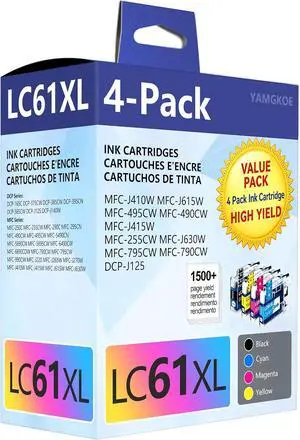 LC61 Ink Cartridges High Yield (4-Pack,BK/C/M/Y) - Replacement for Brother Ink Cartridge LC61 for MFC-490CW MFC-495CW MFC-6490CW MFC-6890CDW Printer LC61 Ink Cartridges High Yield (4-Pack,BK/C/M/Y) - Replacement for Brother Ink Cartridge LC61 for MFC-490CW MFC-495CW MFC-6490CW MFC-6890CDW Printer