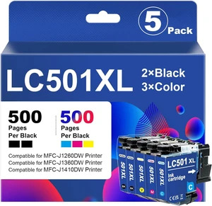 5 Pack LC501XL High Yield Ink Cartridges Compatible for MFC-J1260DW, MFC-J1360DW, MFC-J1410DW Printers (2Black, 1Cyan, 1Magenta, 1Yellow) 5 Pack LC501XL High Yield Ink Cartridges Compatible for MFC-J1260DW, MFC-J1360DW, MFC-J1410DW Printers (2Black, 1Cyan, 1Magenta, 1Yellow)