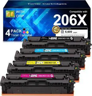 206X Toner Cartridge 4 Pack High Yield (with Chip) - Compatible Replacement for HP 206A 206X Works with HP Color LaserJet Pro M255dw M255nw MFP M283fdw M283cdw M282nw M283fdn Printer W2110A W2110X 206X Toner Cartridge 4 Pack High Yield (with Chip) - Compatible Replacement for HP 206A 206X Works with HP Color LaserJet Pro M255dw M255nw MFP M283fdw M283cdw M282nw M283fdn Printer W2110A W2110X
