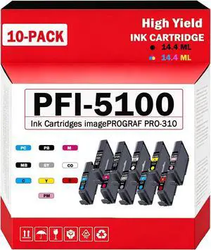PFI-5100 Ink Cartridges High Capacity Compatible for Canon ImagePROGRAF PRO-310 Printers Ink Tank (10 Pack MBK PBK C M Y R GY PC PM CO) PFI-5100 Ink Cartridges High Capacity Compatible for Canon ImagePROGRAF PRO-310 Printers Ink Tank (10 Pack MBK PBK C M Y R GY PC PM CO)