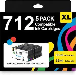 5 Pack 712 712XL High Yield Ink Cartridge Compatible for DesignJet T210 T230 T630 T650 Studio Plotter Printers,3ED71A, 3ED67A, 3ED68A, 3ED69A (2 Black 3 Color) 5 Pack 712 712XL High Yield Ink Cartridge Compatible for DesignJet T210 T230 T630 T650 Studio Plotter Printers,3ED71A, 3ED67A, 3ED68A, 3ED69A (2 Black 3 Color)