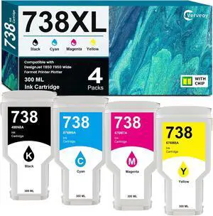 738 738XL Ink Cartridge 4-Pack with Chip Replacement for HP 738 Ink 498N8A 676M6A 676M7A 676M8A DesignJet T850 Ink - 300ML for DesignJet T850 T950 Wide Format Printer Plotters (4-Pack, BK/C/M/Y) 738 738XL Ink Cartridge 4-Pack with Chip Replacement for HP 738 Ink 498N8A 676M6A 676M7A 676M8A DesignJet T850 Ink - 300ML for DesignJet T850 T950 Wide Format Printer Plotters (4-Pack, BK/C/M/Y)