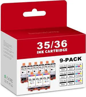 PGI-35 CLI-36 Black and Color Ink Cartridge 9 Pack (6 Black+3 Tri-Color) Replacement for Canon 35 36 TR150 Ink Cartridge Compatible PIXMA iP100 iP110 TR150 TR160 PIXMA mini260 mini320 Printer PGI-35 CLI-36 Black and Color Ink Cartridge 9 Pack (6 Black+3 Tri-Color) Replacement for Canon 35 36 TR150 Ink Cartridge Compatible PIXMA iP100 iP110 TR150 TR160 PIXMA mini260 mini320 Printer