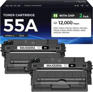 55A Toner Cartridge Black 2-Pack with Chip High Yield Replacement for HP 55A CE255A Compatible with LaserJet Enterprise 500 MFP M525dn M525f Flow M525c P3015d P3015dn P3015n P3015x Pro M521dn Printer 55A Toner Cartridge Black 2-Pack with Chip High Yield Replacement for HP 55A CE255A Compatible with LaserJet Enterprise 500 MFP M525dn M525f Flow M525c P3015d P3015dn P3015n P3015x Pro M521dn Printer