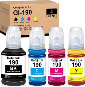 GI190 Refill Ink Bottle Replacement for GI-190 GI-190BK GI-190C GI-190M GI-190Y Bottle Ink for G1100 G1110 G2100 G2110 G3100 G3102 G3110 G3111 G4100 G4110 G4111 (4 Pack, BK/C/M/Y) GI190 Refill Ink Bottle Replacement for GI-190 GI-190BK GI-190C GI-190M GI-190Y Bottle Ink for G1100 G1110 G2100 G2110 G3100 G3102 G3110 G3111 G4100 G4110 G4111 (4 Pack, BK/C/M/Y)