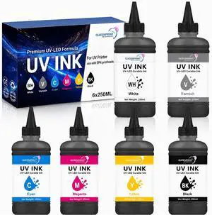250ML Hard UV Ink 6-Pack Rigid Type Ultraviolet UV Ink for Hard Surface Materials with XP600 TX800 i3200 DX5 DX6 DX7 i1600 L805 1390 DX10 Printhead and Printers (BK C M Y W+V) 250ML Hard UV Ink 6-Pack Rigid Type Ultraviolet UV Ink for Hard Surface Materials with XP600 TX800 i3200 DX5 DX6 DX7 i1600 L805 1390 DX10 Printhead and Printers (BK C M Y W+V)