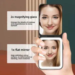 Compact Mini Vanity Folding Cosmetic Mirror with Lights Hand Held Small Pocket Travel Makeup Mirror 2X Magnifying Pink Compact Mini Vanity Folding Cosmetic Mirror with Lights Hand Held Small Pocket Travel Makeup Mirror 2X Magnifying Pink