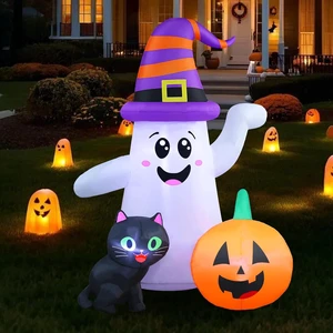 5FT Cute Halloween Inflatable Ghost, Blow-Up Wizard Ghost with Pumpkin & Black Cat for Garden, Lawn, Indoor & Party Decor 5FT Cute Halloween Inflatable Ghost, Blow-Up Wizard Ghost with Pumpkin & Black Cat for Garden, Lawn, Indoor & Party Decor
