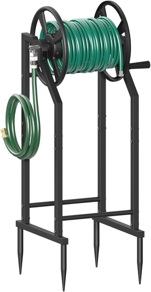 Freestanding 4-Spike Garden Hose Reel for 125ft of 5/8" Hose with 3.9ft Leader Hose & Stainless Fitting, Metal Stand for Yard, Black Freestanding 4-Spike Garden Hose Reel for 125ft of 5/8" Hose with 3.9ft Leader Hose & Stainless Fitting, Metal Stand for Yard, Black
