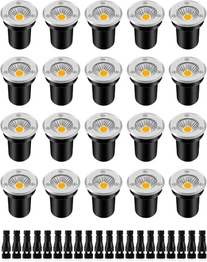 Low Voltage LED Well Lights In-Ground IP67 Waterproof Wired Landscape Lighting for Pathway, Deck, Step, Garden with Connectors (20Pack Warm White) Low Voltage LED Well Lights In-Ground IP67 Waterproof Wired Landscape Lighting for Pathway, Deck, Step, Garden with Connectors (20Pack Warm White)