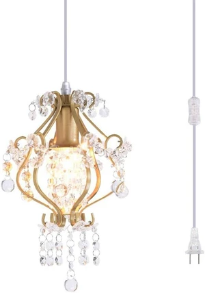 Surpars House Elegant Mini Chandelier Plug in Crystal Pendant Light,Golden Surpars House Elegant Mini Chandelier Plug in Crystal Pendant Light,Golden