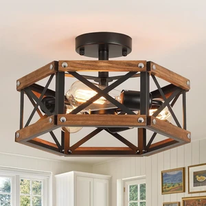3-Light Rustic Farmhouse Wood Flush Mount Ceiling Light Fixture 14.5 inch Oak Wood and Metal Hexagon Cage Semi Flush Mount Ceiling Light for Hallway Hall Entry Bedroom Kitchen Farmhouse, Black 3-Light Rustic Farmhouse Wood Flush Mount Ceiling Light Fixture 14.5 inch Oak Wood and Metal Hexagon Cage Semi Flush Mount Ceiling Light for Hallway Hall Entry Bedroom Kitchen Farmhouse, Black