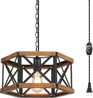 Rustic Farmhouse Plug in Pendant Light Fixture with Adjustable Chain, Dimmable Switch, 14.5 inch Industrial Oak Wood and Metal Cage Hanging Lamp for Kitchen Island Dining Room Farmhouse, Black Rustic Farmhouse Plug in Pendant Light Fixture with Adjustable Chain, Dimmable Switch, 14.5 inch Industrial Oak Wood and Metal Cage Hanging Lamp for Kitchen Island Dining Room Farmhouse, Black