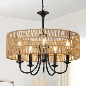 LAMSU Modern Farmhouse Chandelier Light Fixtures, 5-Lights Large Rattan Pendant Lighting with Hand Woven Wicker Shade, Boho Black Chandeliers for Dining Room Living Room Kitchen Island Bedroom LAMSU Modern Farmhouse Chandelier Light Fixtures, 5-Lights Large Rattan Pendant Lighting with Hand Woven Wicker Shade, Boho Black Chandeliers for Dining Room Living Room Kitchen Island Bedroom