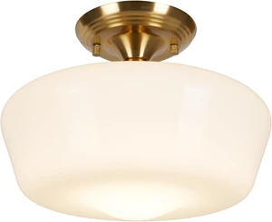 Schoolhouse Style Semi Flush Mount Ceiling Light Fixture, 12" Modern Gold Hallway Ceiling Lamp with Opal Milk Glass Shade Brass, Farmhouse Globe Light for Bedroom Kitchen Hallway Entryway Laundry Schoolhouse Style Semi Flush Mount Ceiling Light Fixture, 12" Modern Gold Hallway Ceiling Lamp with Opal Milk Glass Shade Brass, Farmhouse Globe Light for Bedroom Kitchen Hallway Entryway Laundry