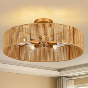 24" Natural Rattan Flush Mount Ceiling Light Fixture, 5-Light Gold Hand-Woven Wicker Boho Chandelier for Bedroom, Living Room, Dining Room, Kitchen, Rustic Lamp for Hallway and Entryway 24" Natural Rattan Flush Mount Ceiling Light Fixture, 5-Light Gold Hand-Woven Wicker Boho Chandelier for Bedroom, Living Room, Dining Room, Kitchen, Rustic Lamp for Hallway and Entryway