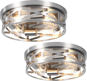 13 Inch Close to Ceiling Lights, 2 Pack Brushed Nickle Flush Mount Ceiling Light Fixture, Modern 4-Light Metal Cage Indoor Kitchen Ceiling Lights for House Hallway Bedroom Living Room 13 Inch Close to Ceiling Lights, 2 Pack Brushed Nickle Flush Mount Ceiling Light Fixture, Modern 4-Light Metal Cage Indoor Kitchen Ceiling Lights for House Hallway Bedroom Living Room