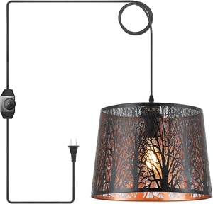 Modern Large Plug in Pendant Light with 14ft Handmade Woven Light Cord, Dimmable Switch Swag Lamp, Industrial Metal Lantern Hanging Lamp for Kitchen Island Dining Room Farmhouse, Gold and Black