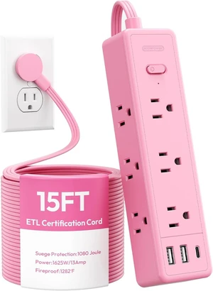 Pink Power Strip, Power Strip Flat Extension Cord 15FT, 9 Outlets 3 USB Ports(1 USB C), Wall Mount, Multiple Outlets for Home, Dorm, Vanity Desk, Nightstand,Women Pink Power Strip, Power Strip Flat Extension Cord 15FT, 9 Outlets 3 USB Ports(1 USB C), Wall Mount, Multiple Outlets for Home, Dorm, Vanity Desk, Nightstand,Women