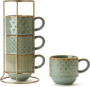 JIEMEI HOME Large Ceramic Coffee Mug Set of 4 with Stand, 15 Oz Stackable Embossment Ribbed Latte Cup Set for Cappuccino, Latte, Tea, Hot Cocoa, Drinks - Dishwasher & Microwave Safe, Vintage Turquoise JIEMEI HOME Large Ceramic Coffee Mug Set of 4 with Stand, 15 Oz Stackable Embossment Ribbed Latte Cup Set for Cappuccino, Latte, Tea, Hot Cocoa, Drinks - Dishwasher & Microwave Safe, Vintage Turquoise