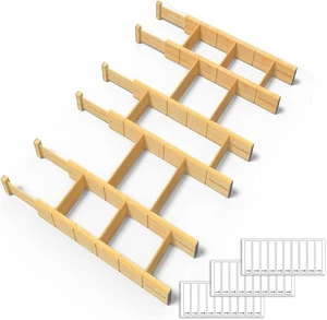 Bamboo Drawer Dividers with Inserts and Labels, Kitchen Adjustable Drawer Organizers, Expandable Organization for Home, Office, Dressers and Bathroom, 6 Dividers with 12 Inserts (17-22 in) Bamboo Drawer Dividers with Inserts and Labels, Kitchen Adjustable Drawer Organizers, Expandable Organization for Home, Office, Dressers and Bathroom, 6 Dividers with 12 Inserts (17-22 in)