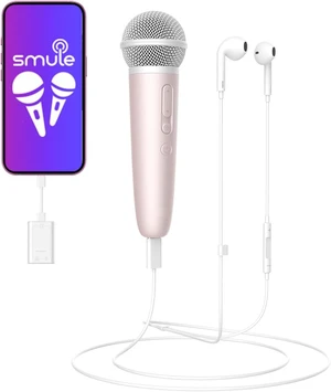Singing Microphone with Earphone, Compatible with Smule & StarMaker, USB-C & Lightning, Pink Singing Microphone with Earphone, Compatible with Smule & StarMaker, USB-C & Lightning, Pink